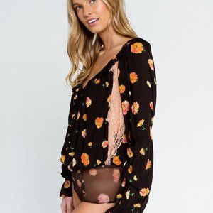 Free People Floral Printed Bodysuit Black NWOT